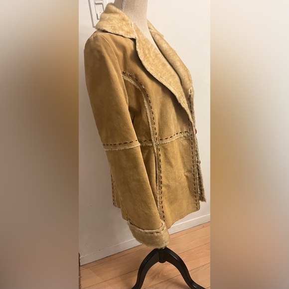 Vintage Genuine Suede Faux Sherpa Jacket MEDIUM Tan Boho - Picture 3 of 15